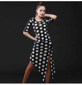 White polka dot printed black red short sleeves round neck competition performance professional latin dance dresses outfits